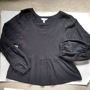 Time and Tru Black Long Sleeve Top Shirt Medium Peplum Slub 8-10 EUC